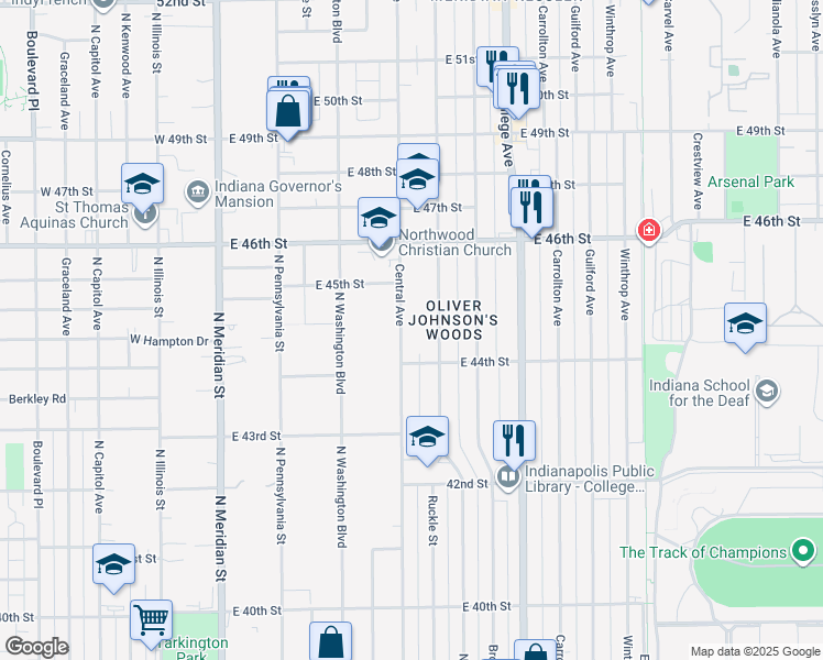 map of restaurants, bars, coffee shops, grocery stores, and more near 4441 Central Avenue in Indianapolis