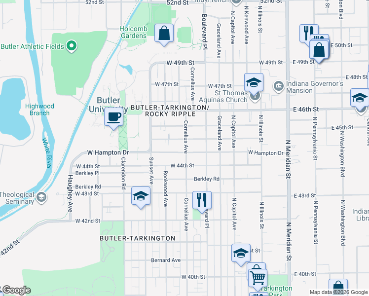 map of restaurants, bars, coffee shops, grocery stores, and more near 402 West Hampton Drive in Indianapolis