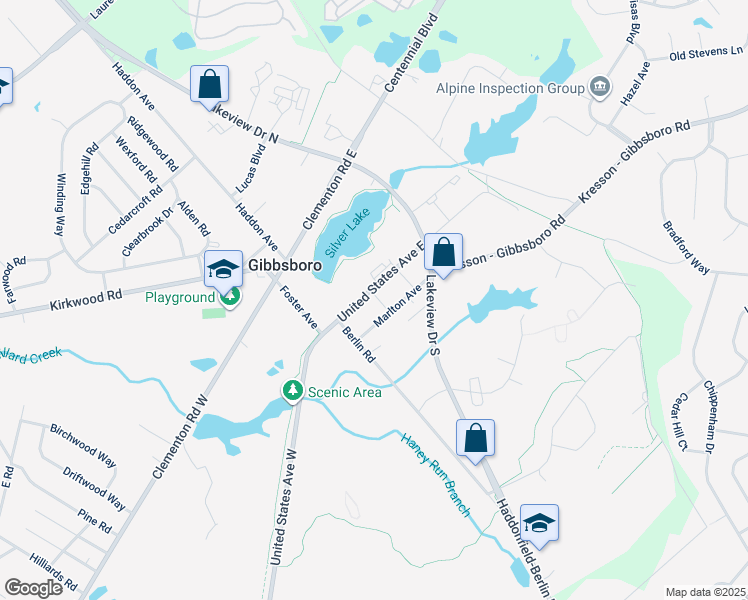 map of restaurants, bars, coffee shops, grocery stores, and more near 20 York Avenue in Gibbsboro