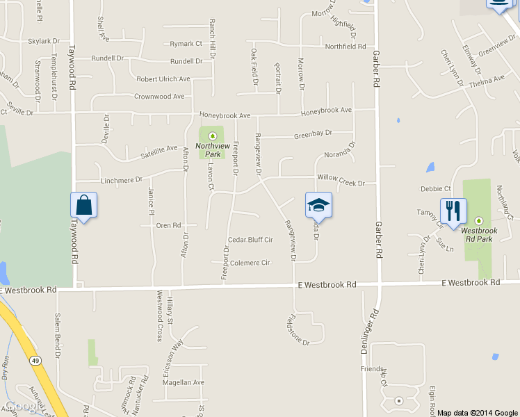 map of restaurants, bars, coffee shops, grocery stores, and more near 4121 Stonewall Circle in Dayton