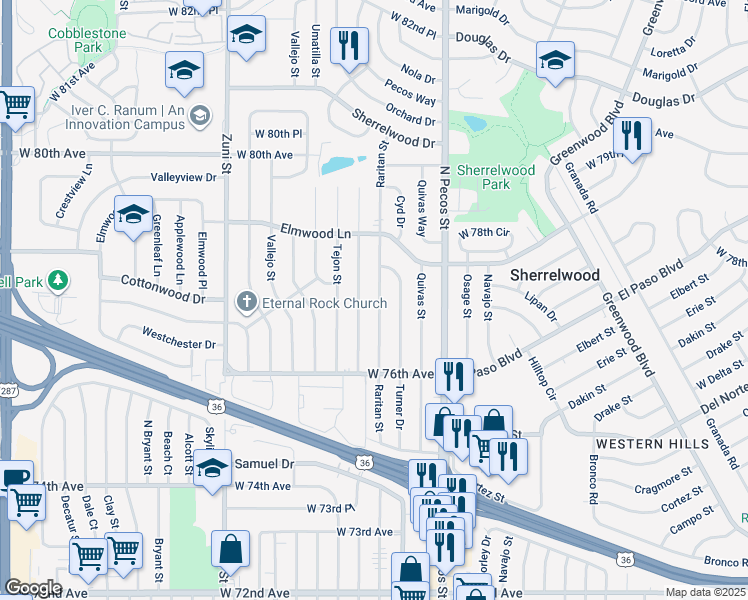 map of restaurants, bars, coffee shops, grocery stores, and more near 7733 Raritan Street in Denver