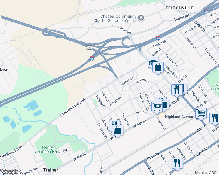 map of restaurants, bars, coffee shops, grocery stores, and more near 1357 Sunset Street in Trainer