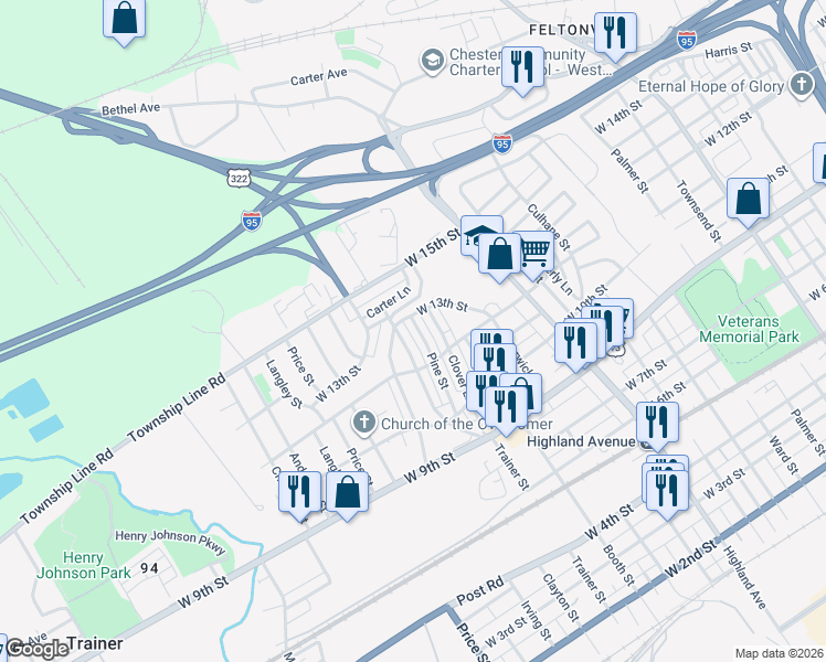 map of restaurants, bars, coffee shops, grocery stores, and more near 1236 Pine Street in Chester
