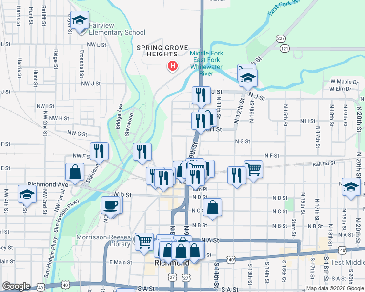map of restaurants, bars, coffee shops, grocery stores, and more near 624 North 9th Street in Richmond