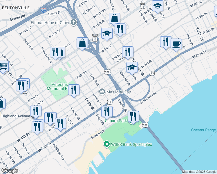 map of restaurants, bars, coffee shops, grocery stores, and more near 1960 West Union Street in Chester