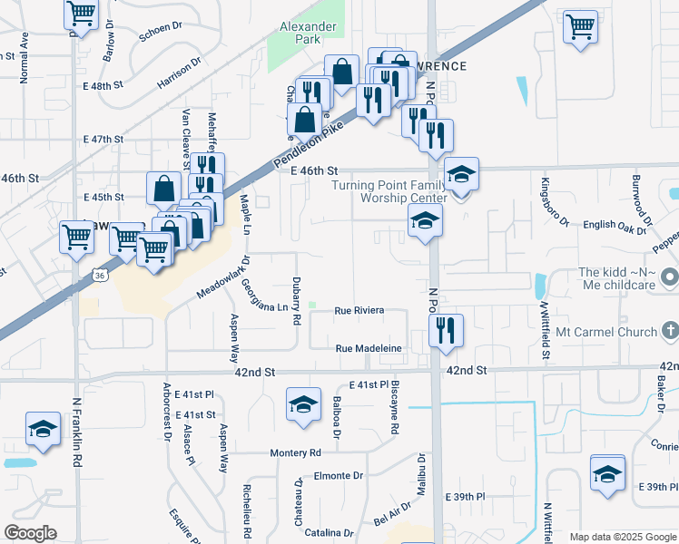 map of restaurants, bars, coffee shops, grocery stores, and more near 4342 Clinton Street in Indianapolis