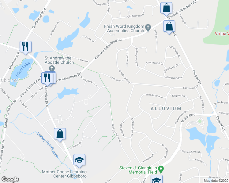 map of restaurants, bars, coffee shops, grocery stores, and more near 203 Blue Heron Court in Voorhees Township