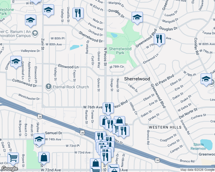 map of restaurants, bars, coffee shops, grocery stores, and more near 7730 North Pecos Street in Denver