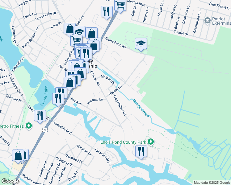 map of restaurants, bars, coffee shops, grocery stores, and more near 102 Frog Hollow Road in Lacey Township