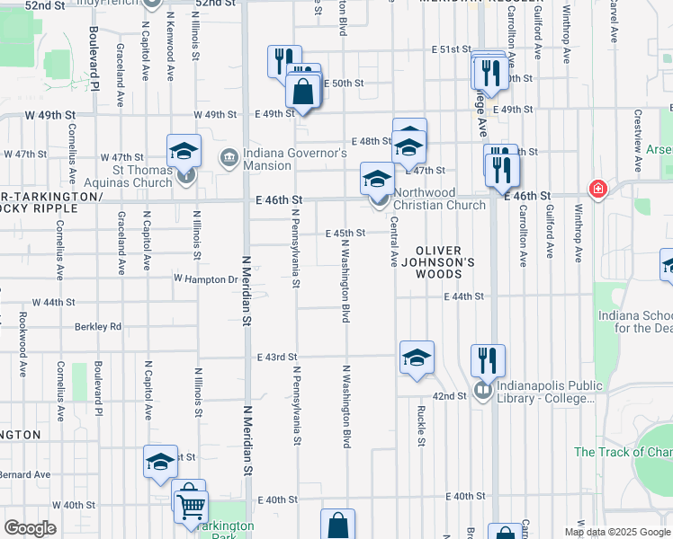 map of restaurants, bars, coffee shops, grocery stores, and more near 4454 North Washington Boulevard in Indianapolis