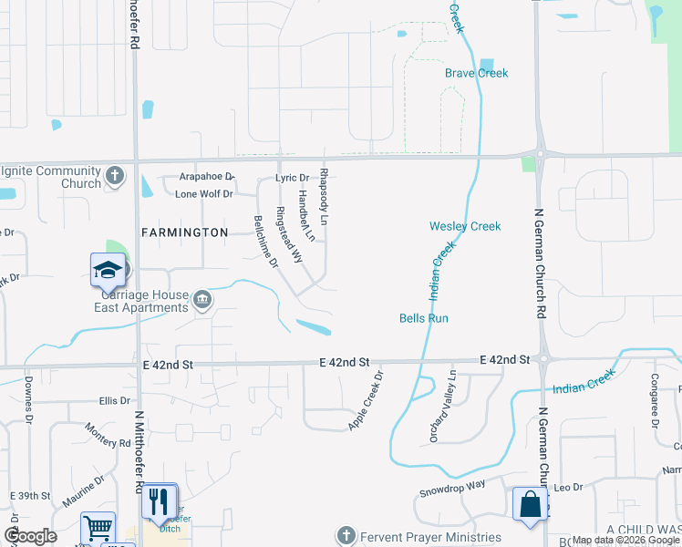 map of restaurants, bars, coffee shops, grocery stores, and more near 4347 Rhapsody Lane in Indianapolis