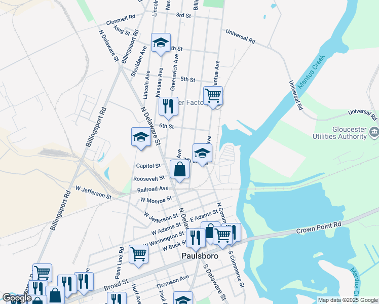 map of restaurants, bars, coffee shops, grocery stores, and more near 640 Beacon Avenue in Paulsboro
