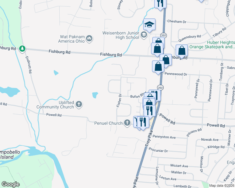 map of restaurants, bars, coffee shops, grocery stores, and more near 4502 Waynedale Circle in Dayton