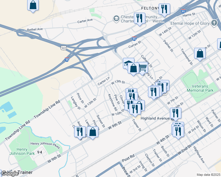 map of restaurants, bars, coffee shops, grocery stores, and more near 1234 Pine Street in Chester
