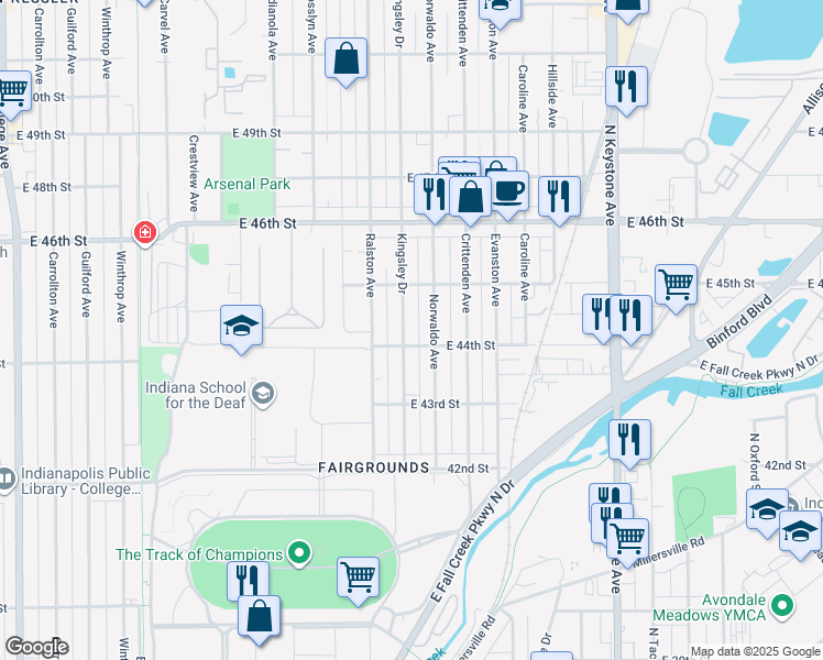 map of restaurants, bars, coffee shops, grocery stores, and more near 4415 Kingsley Drive in Indianapolis