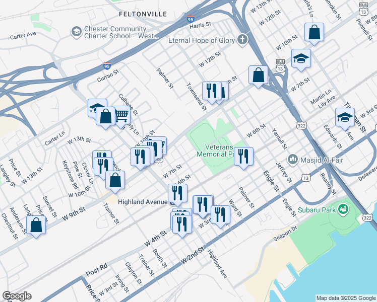 map of restaurants, bars, coffee shops, grocery stores, and more near 713 Mill Street in Chester