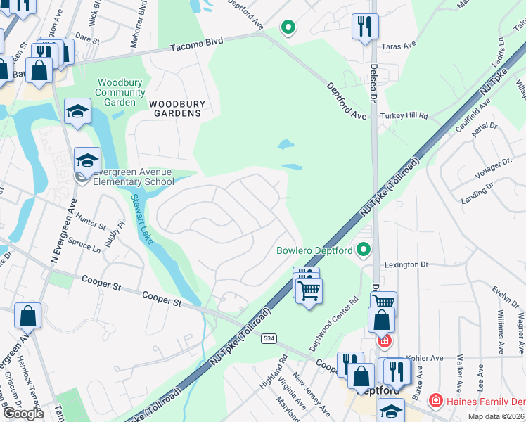 map of restaurants, bars, coffee shops, grocery stores, and more near 76 Knollwood Drive in Deptford