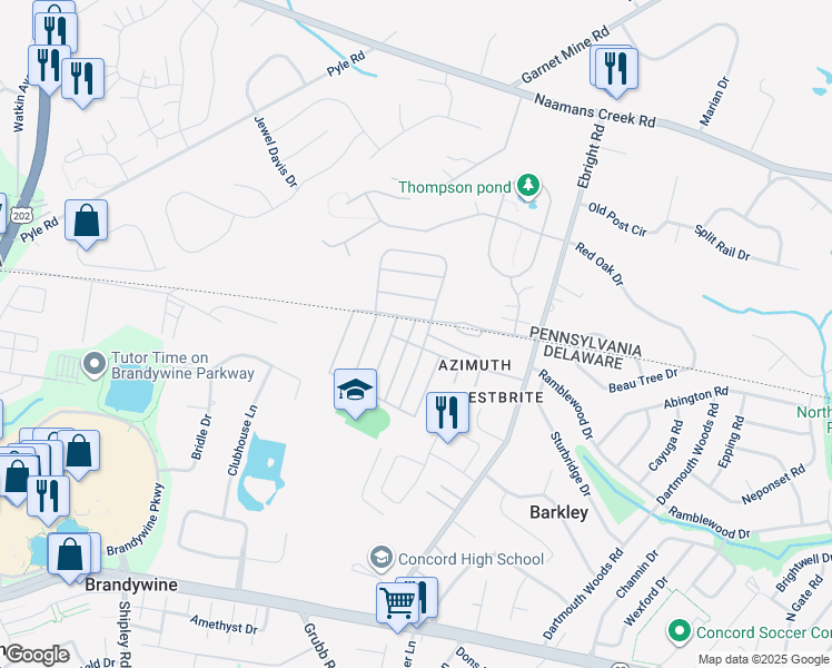 map of restaurants, bars, coffee shops, grocery stores, and more near 606 Canter Road in Wilmington