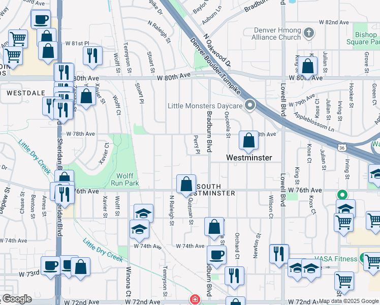 map of restaurants, bars, coffee shops, grocery stores, and more near 7730 Quitman Street in Westminster