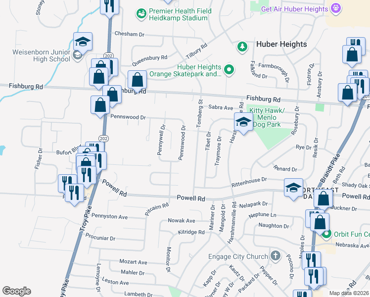 map of restaurants, bars, coffee shops, grocery stores, and more near 4931 Pennswood Drive in Huber Heights