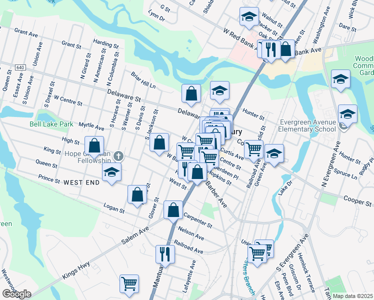 map of restaurants, bars, coffee shops, grocery stores, and more near 27 South Broad Street in Woodbury