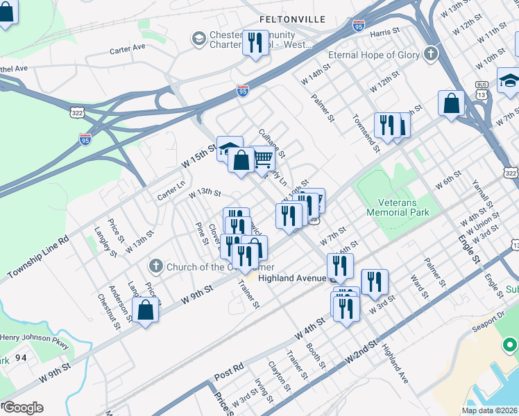 map of restaurants, bars, coffee shops, grocery stores, and more near 2903 West 11th Street in Chester