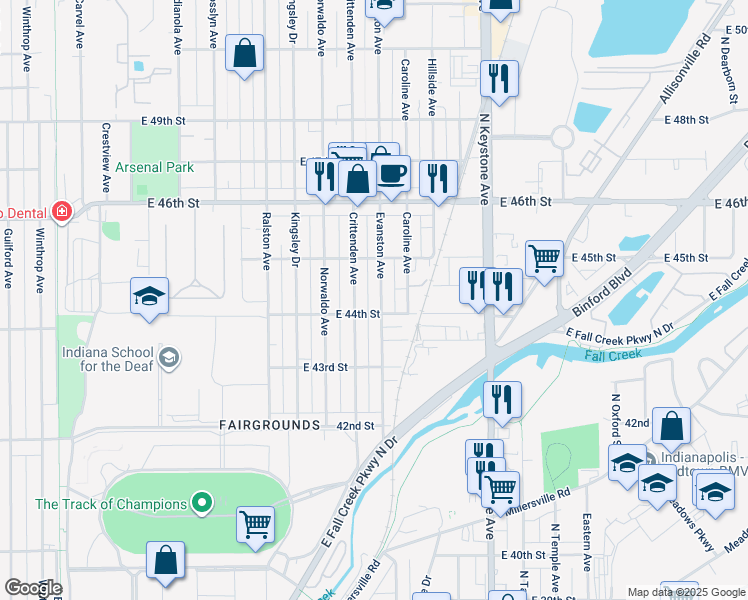 map of restaurants, bars, coffee shops, grocery stores, and more near 4414 Evanston Avenue in Indianapolis