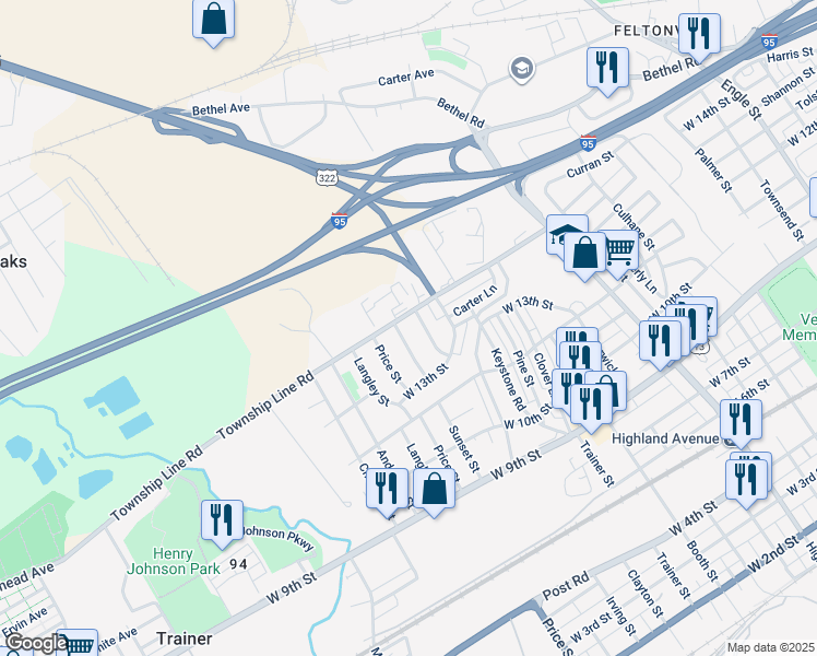 map of restaurants, bars, coffee shops, grocery stores, and more near 1357 Sunset Street in Trainer