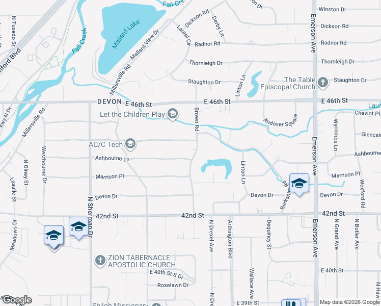map of restaurants, bars, coffee shops, grocery stores, and more near 4402 Brown Road in Indianapolis