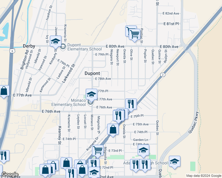 map of restaurants, bars, coffee shops, grocery stores, and more near 6711 East 77th Place in Commerce City