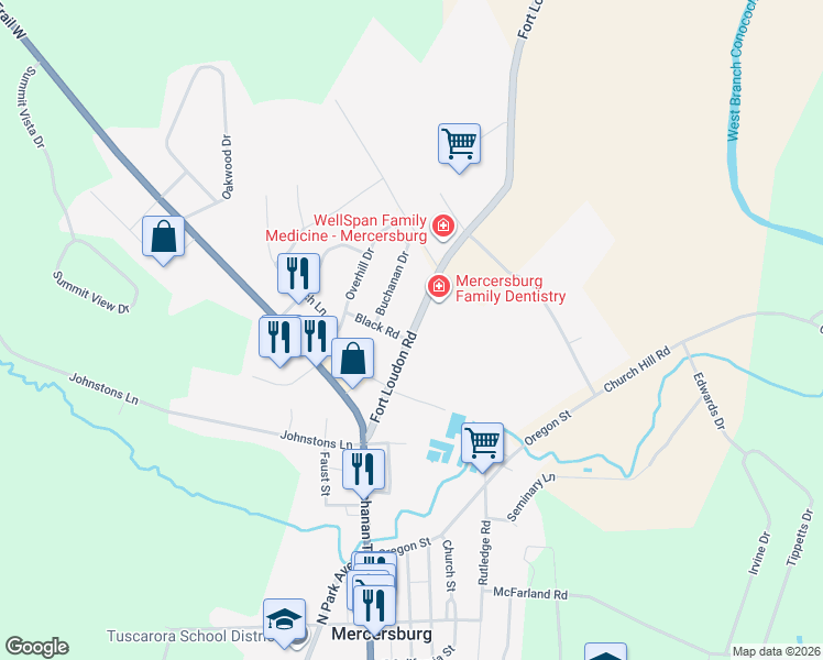 map of restaurants, bars, coffee shops, grocery stores, and more near 205 Fort Loudon Road in Mercersburg