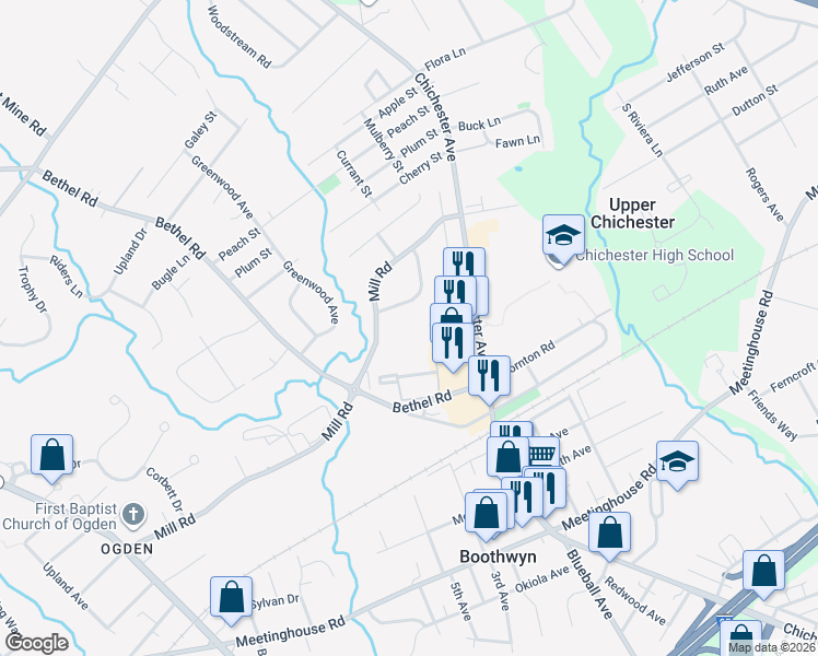 map of restaurants, bars, coffee shops, grocery stores, and more near 3360 Chichester Avenue in Boothwyn