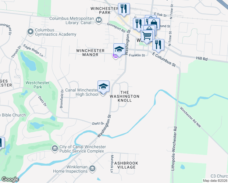 map of restaurants, bars, coffee shops, grocery stores, and more near 265 Washington Street in Canal Winchester