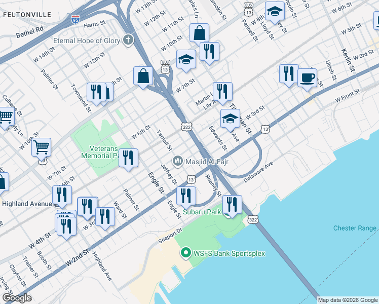 map of restaurants, bars, coffee shops, grocery stores, and more near 1827 West 3rd Street in Chester