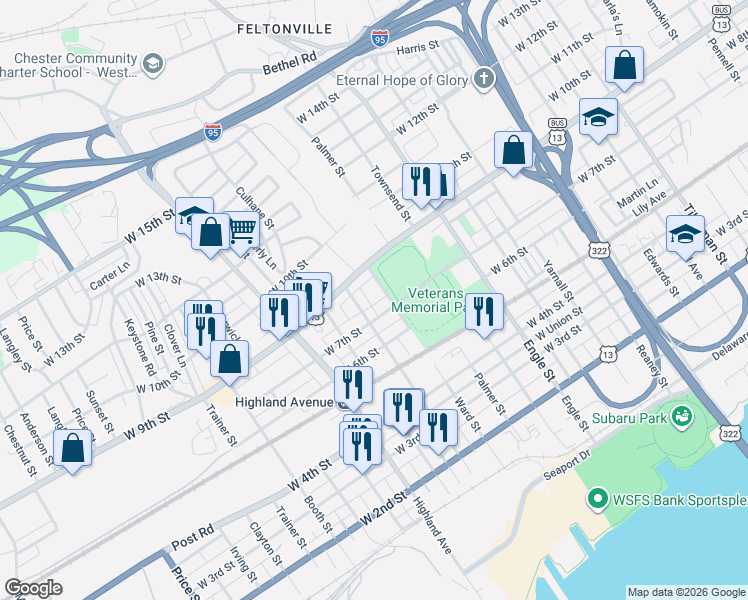 map of restaurants, bars, coffee shops, grocery stores, and more near 713 Mill Street in Chester