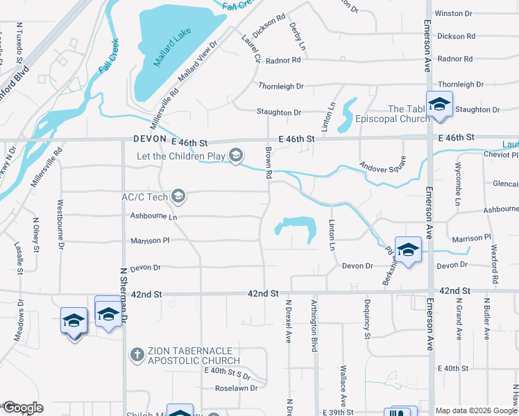 map of restaurants, bars, coffee shops, grocery stores, and more near 4402 Brown Road in Indianapolis