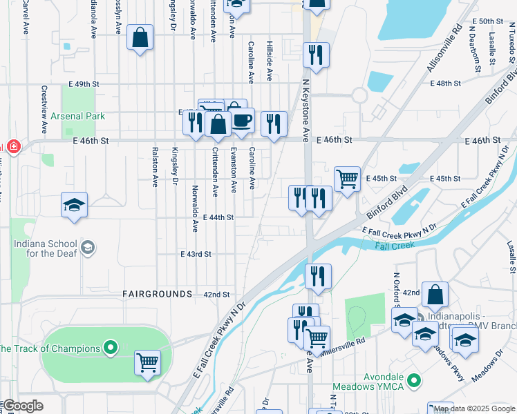 map of restaurants, bars, coffee shops, grocery stores, and more near 4412 Caroline Street in Indianapolis