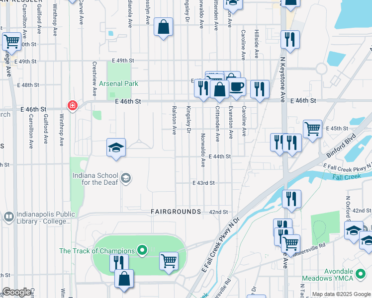 map of restaurants, bars, coffee shops, grocery stores, and more near 4415 Kingsley Drive in Indianapolis