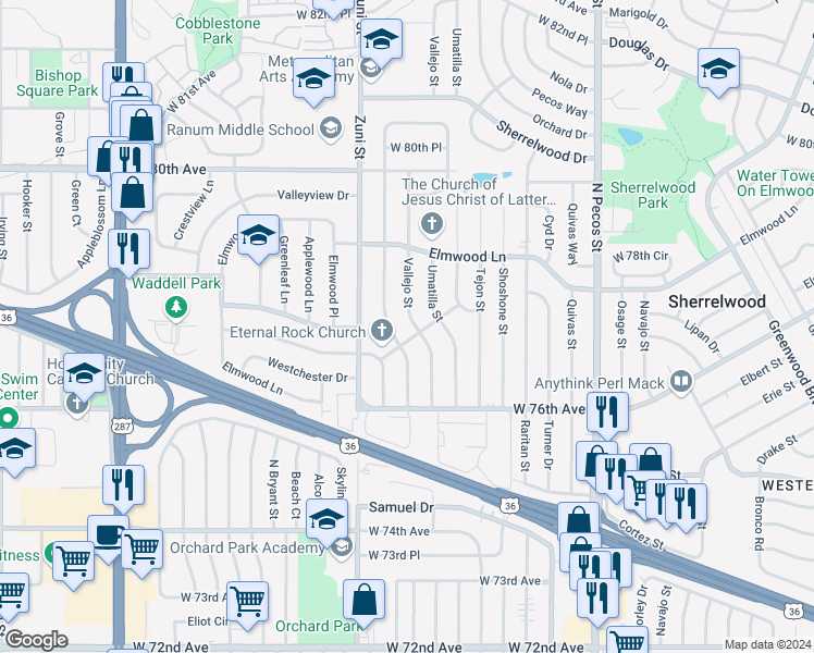 map of restaurants, bars, coffee shops, grocery stores, and more near 7735 Vallejo Street in Denver