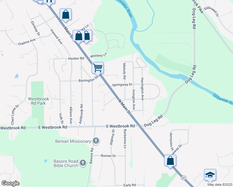 map of restaurants, bars, coffee shops, grocery stores, and more near 7836 North Main Street in Dayton