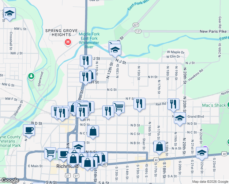 map of restaurants, bars, coffee shops, grocery stores, and more near 620 North 13th Street in Richmond