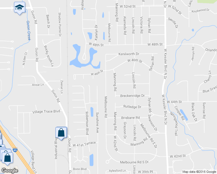 map of restaurants, bars, coffee shops, grocery stores, and more near 4543 Melbourne Road in Indianapolis