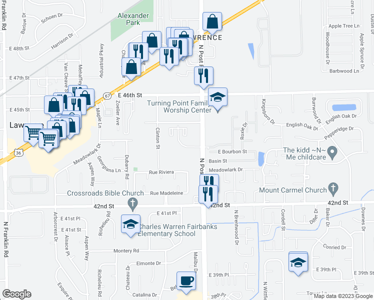 map of restaurants, bars, coffee shops, grocery stores, and more near 8901 Duxbury Road in Lawrence
