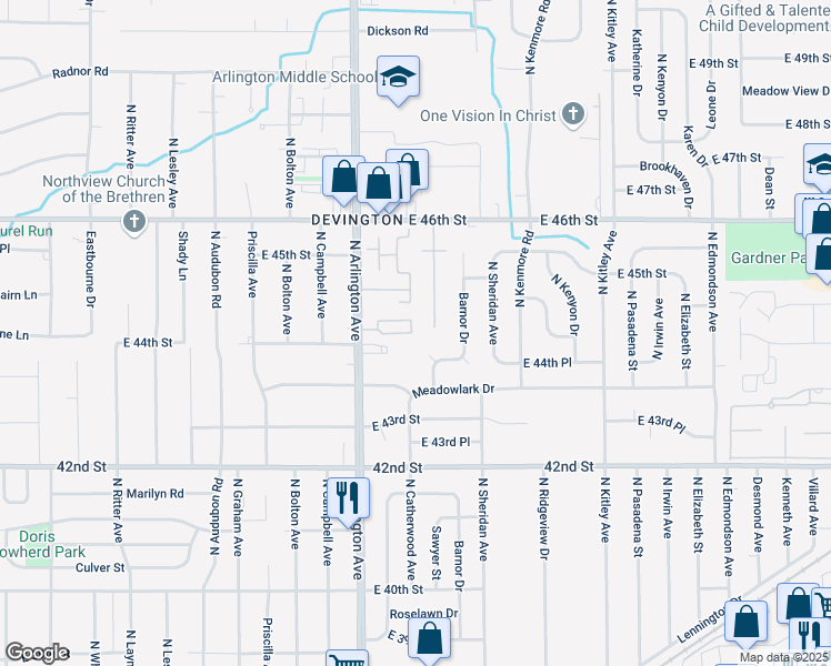 map of restaurants, bars, coffee shops, grocery stores, and more near 6065 Williamsburg Court in Indianapolis