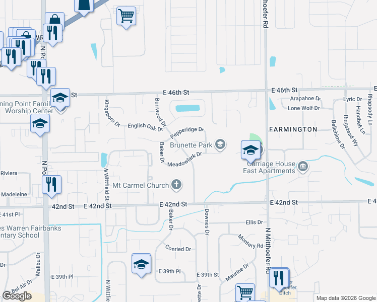 map of restaurants, bars, coffee shops, grocery stores, and more near 4325 Burrwood Drive in Indianapolis
