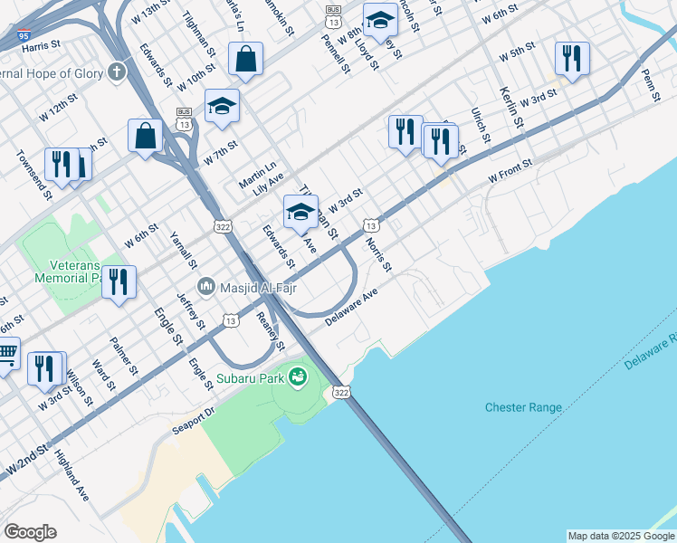 map of restaurants, bars, coffee shops, grocery stores, and more near 111-113 Central Avenue in Chester