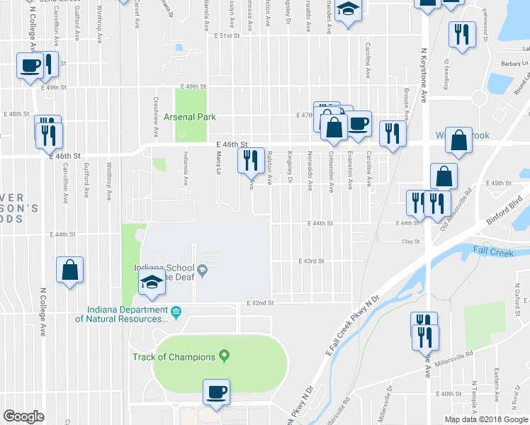 map of restaurants, bars, coffee shops, grocery stores, and more near 1620 East 44th Street in Indianapolis