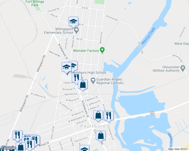 map of restaurants, bars, coffee shops, grocery stores, and more near 636 Mantua Avenue in Paulsboro