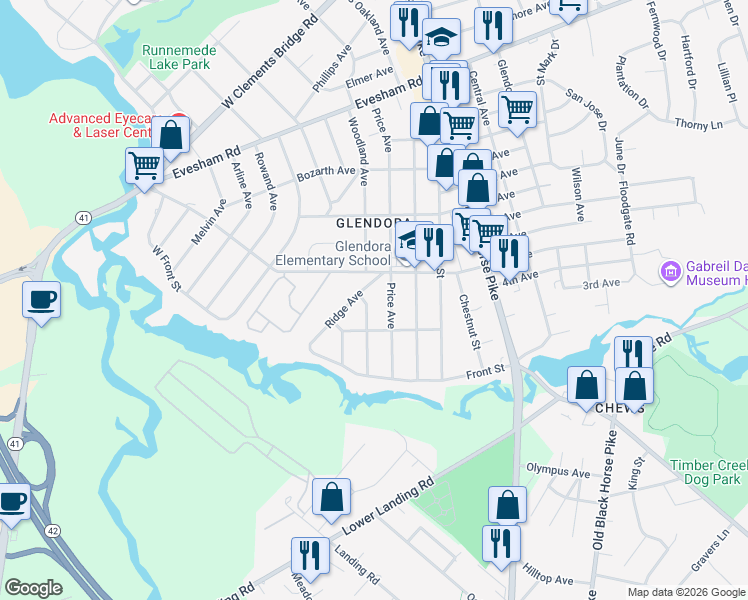 map of restaurants, bars, coffee shops, grocery stores, and more near 422 Woodland Avenue in Camden County