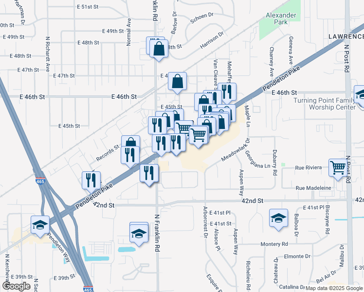map of restaurants, bars, coffee shops, grocery stores, and more near 8021 Pendleton Pike in Lawrence